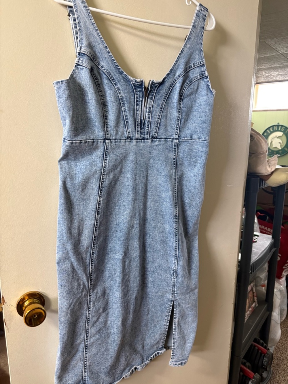 Denim Midi Dress with Front Zip - Light Blue